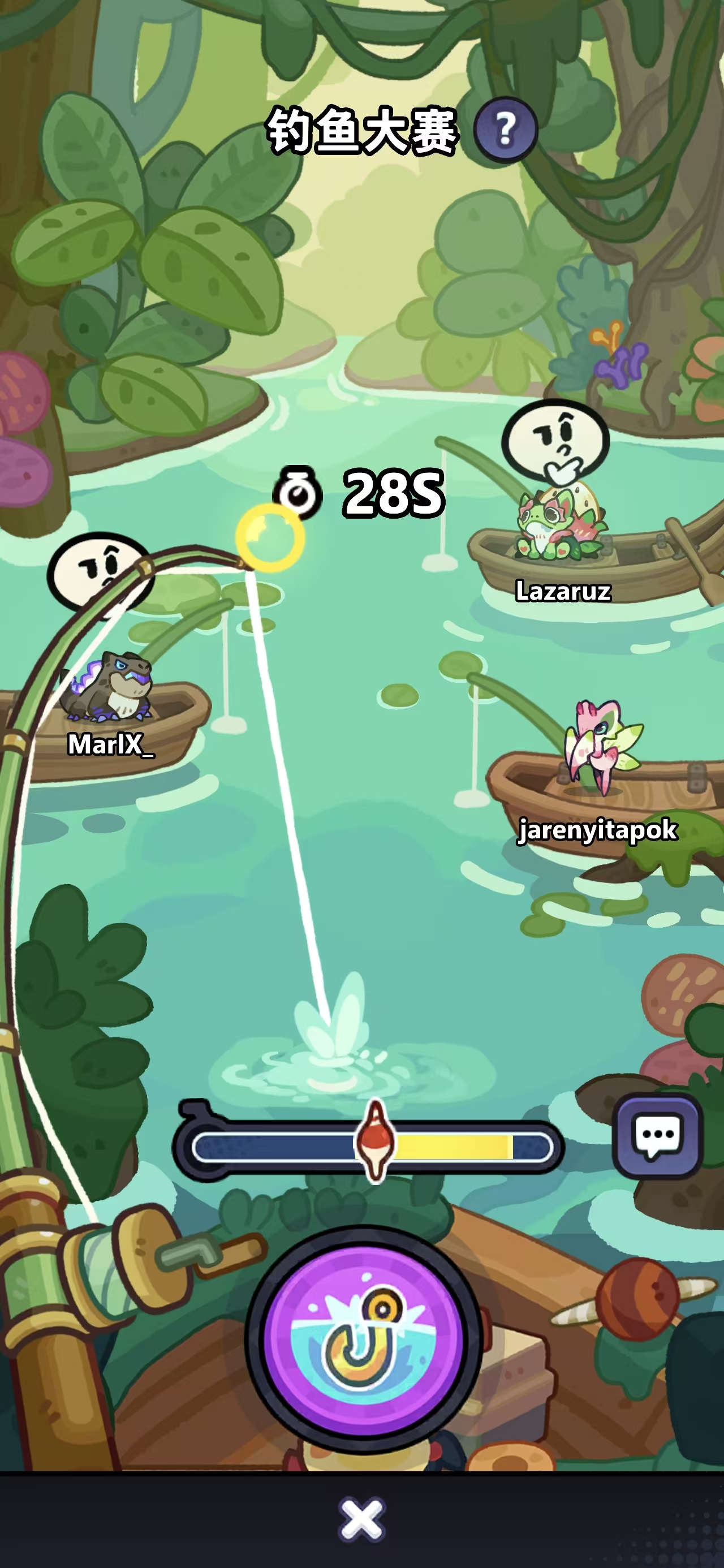 Fishing Contest large-fish minigame with a 28-second timer and yellow timing zone