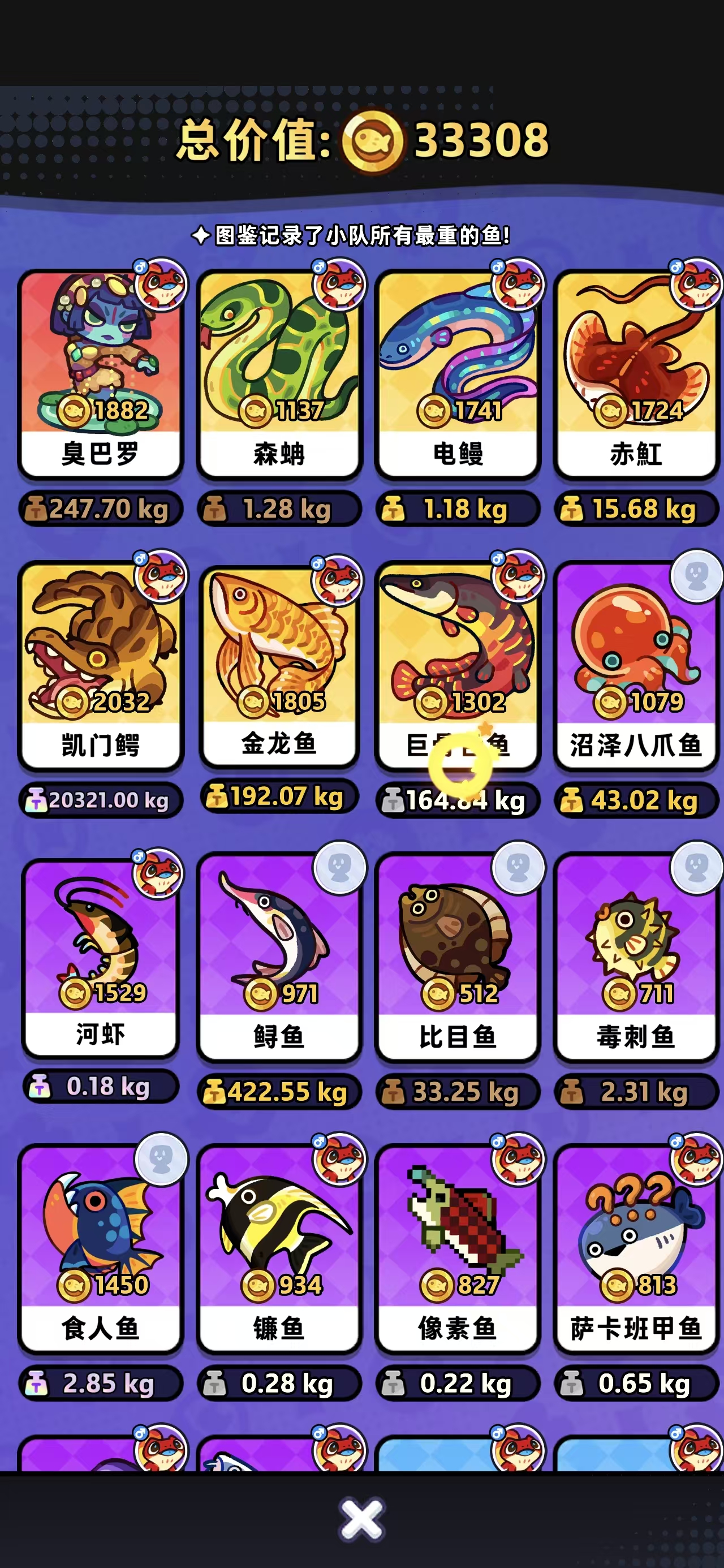 Fishing Contest collection showing team-record fish, weights, and Gold Fish Coin values