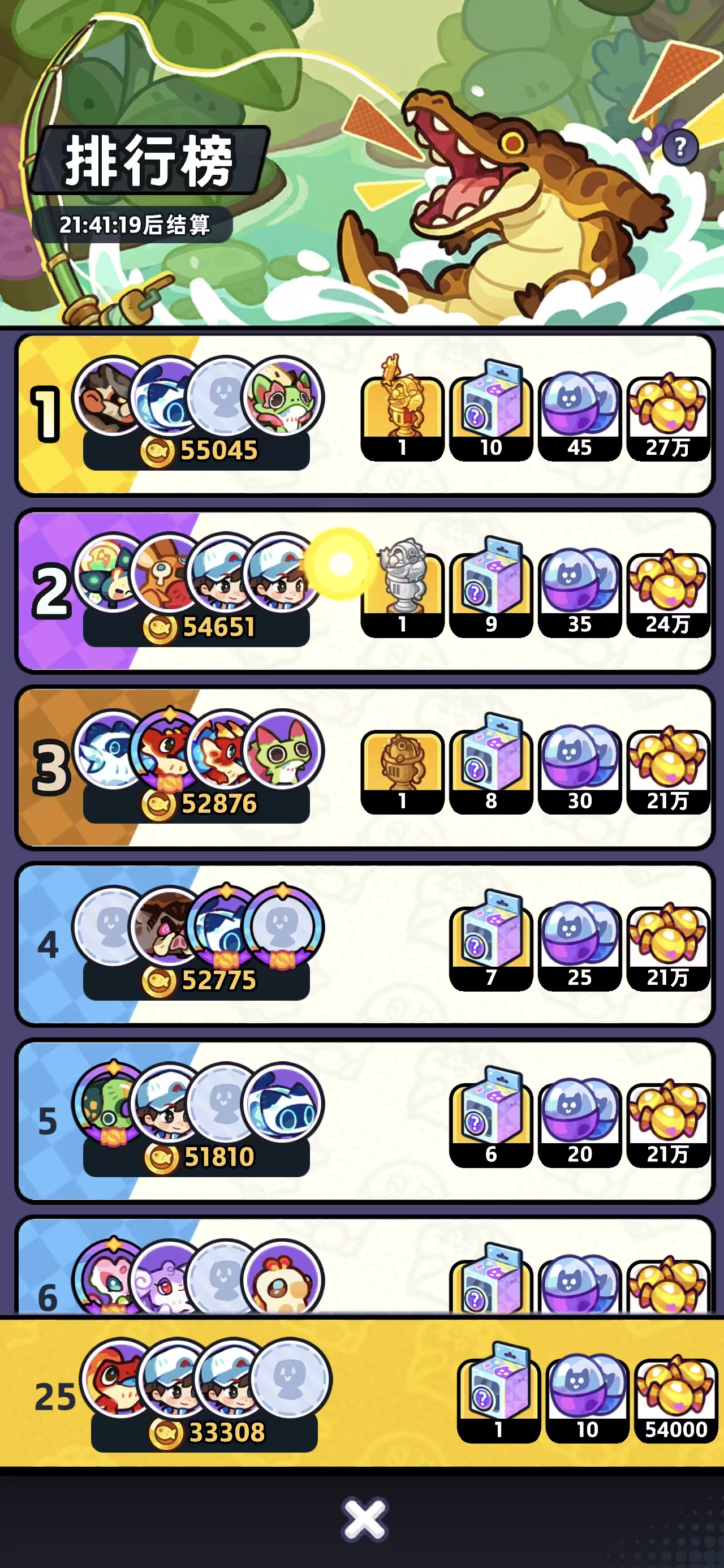 Fishing Contest team leaderboard showing Gold Fish Coins and placement rewards